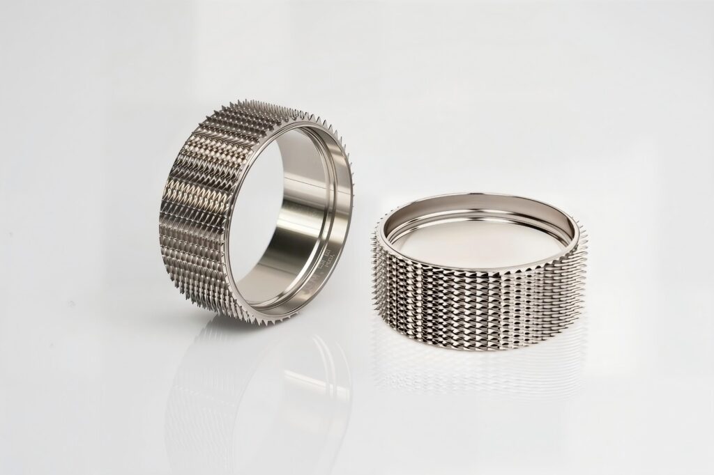 Diamond coated opening roller clothing ring for improved wear resistance and longer service life in rotor spinning.
